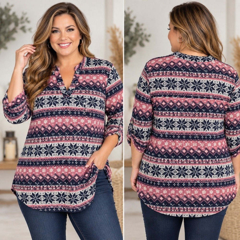 Dear Scarlett Women 2X Navy Pink Fair Isle Snowflake Tunic Roll Tab Sleeve Top